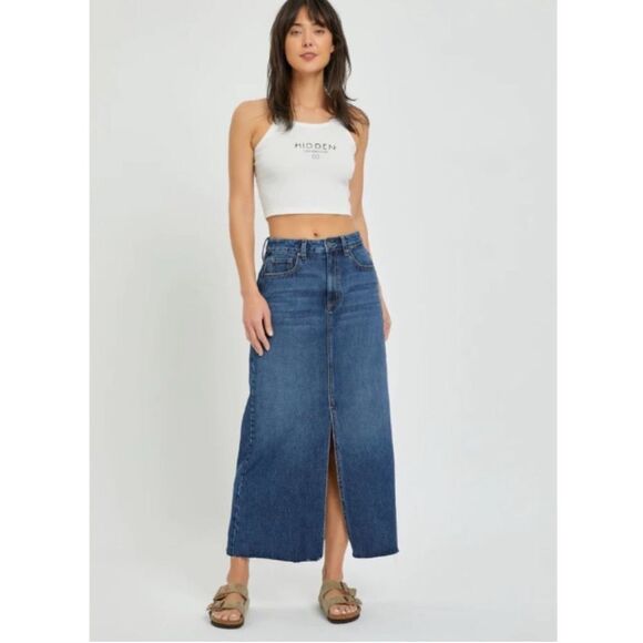 Hidden Small Peyton High Rise Denim Midi Skirt, Front Slit - Picture 2 of 11